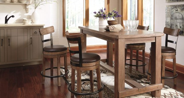 Pinnadel natural wood finish counter table with swivel seat bar stools