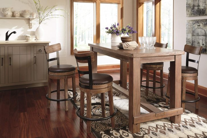 Pinnadel natural wood finish counter table with swivel seat bar stools