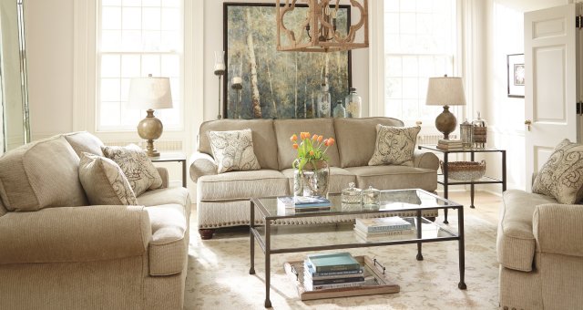 The alma bay living room set styled for a neutral chic look.