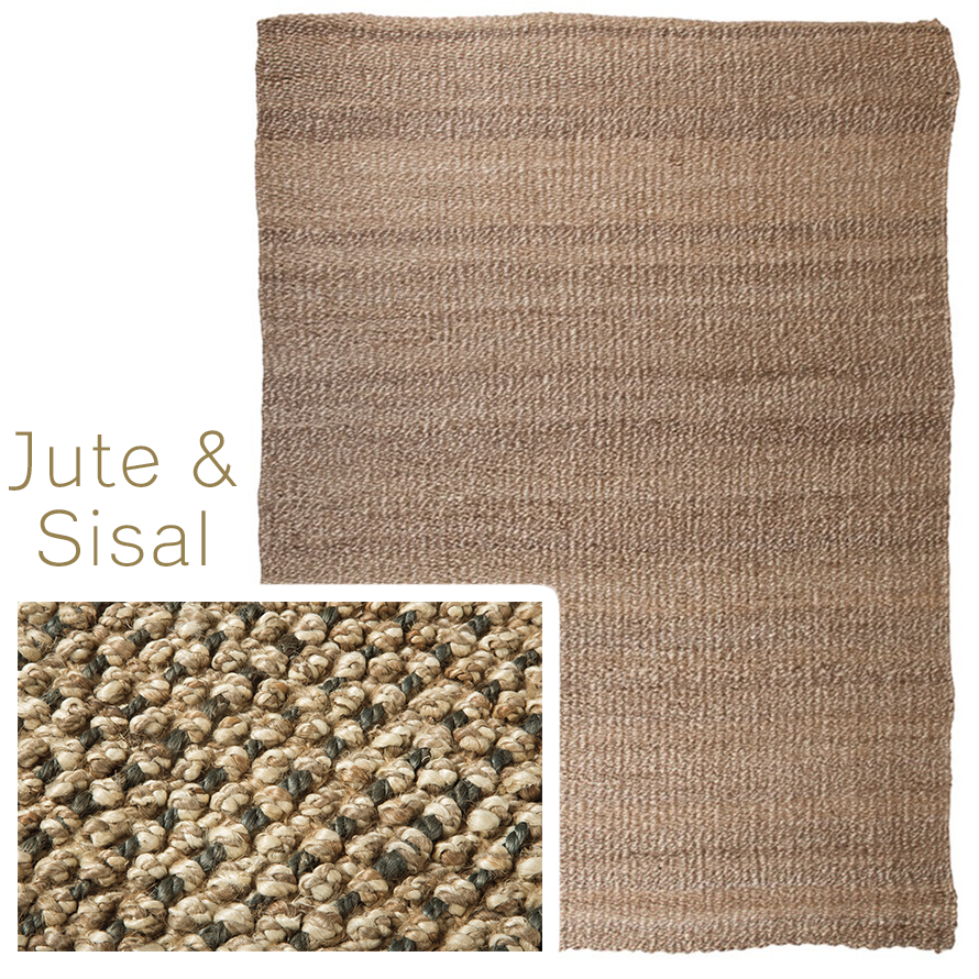 黄麻地毯和黄麻地毯的特写，展示了手工编织材料的细节。